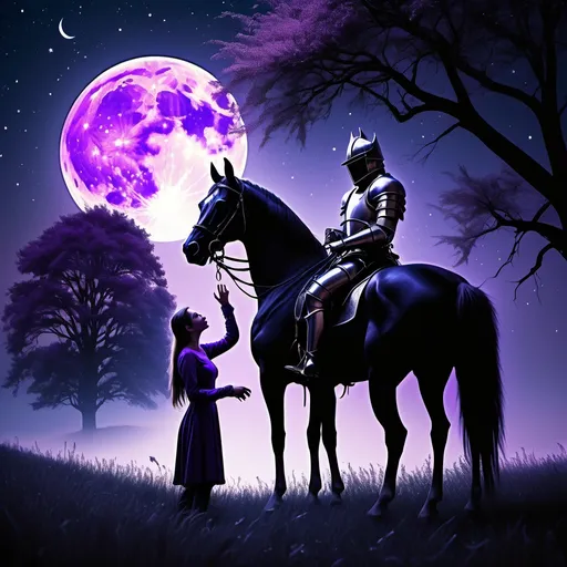 Prompt: dark starry night with beltful grass flowing in the cool brezz full moon shining above our heads while the purple  lit trees shin in the dark night with a knight standing in the middle of the field watching the stares standing beside his horse while his horse  eat the grass with a dark fantasy style