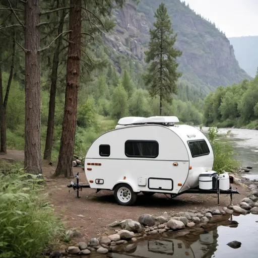 Prompt: a white teardrop camper out in nature and by the river