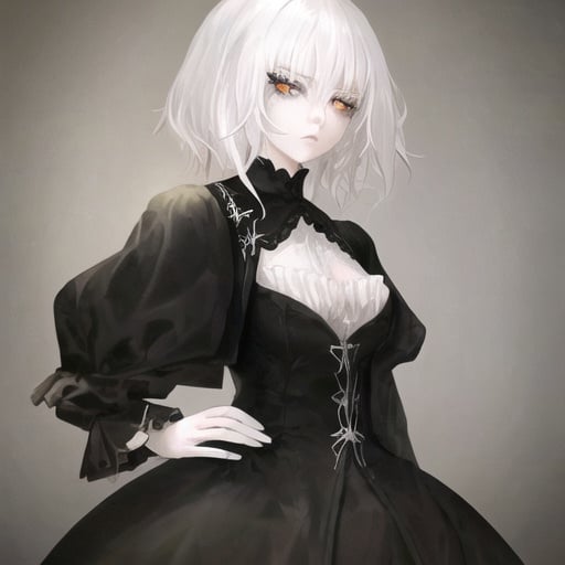 Prompt: Girl with white hair, white eyes, and black dress,