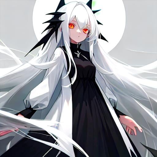 Prompt: Girl with long white hair, white eyes, and black dress,