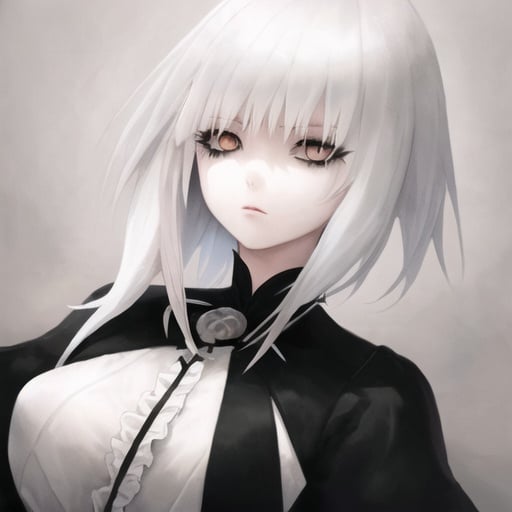 Prompt: Girl with white hair, white eyes, and black dress,