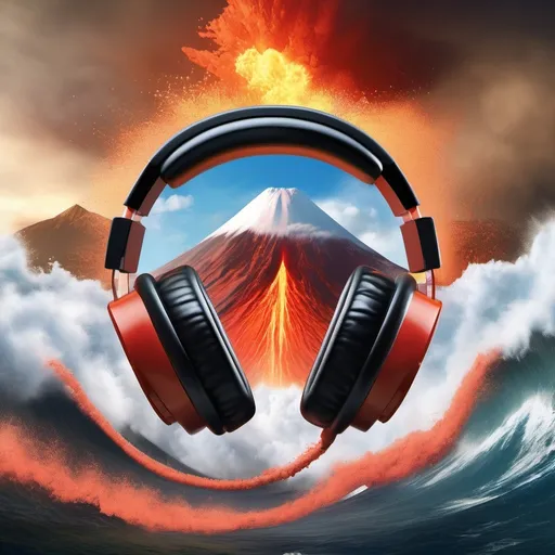 Prompt: a very large and noticeable headphones
 in the middle of the screen with a volcano erupting, a tsunami about to wash over it and an avalanche about to hit it from behind