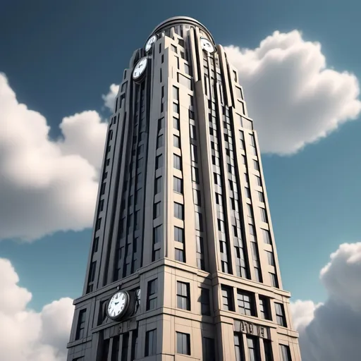 Prompt: a tall building with a clock on the top of it's side and a sky background with clouds, Afewerk Tekle, art deco, vray, a digital rendering