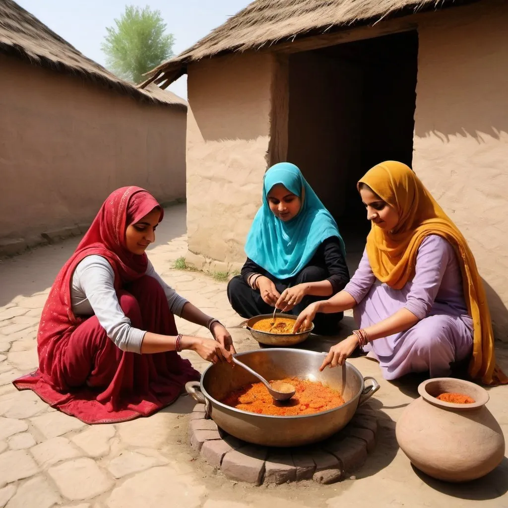 Prompt: Mughal  Muslim women cooking on kitchen Village art 