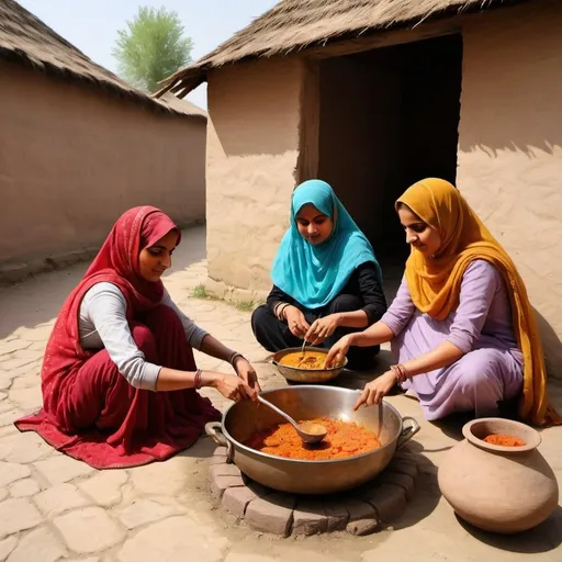 Prompt: Mughal  Muslim women cooking on kitchen Village art 
