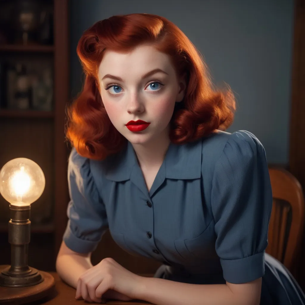 Prompt: (ultra-detailed) a 19-year-old girl from 1941, vintage deep red hair, voluminous rolled bangs striking red lipstick, full lips, round jaw, short, upturned nose, broad shoulders, gray-blue eyes, dressed in (vintage) dark-blue blouse, a-line skirt, full body warm lighting, cozy atmosphere, rich textures, historical elegance, high-resolution, cinematic depth.