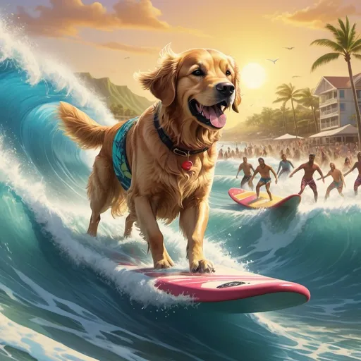 Prompt: A golden retriever in hawaïan shorts standing on a surf board. The dog is riding a big wave. You can see other surfers also on the water. Human surfers
