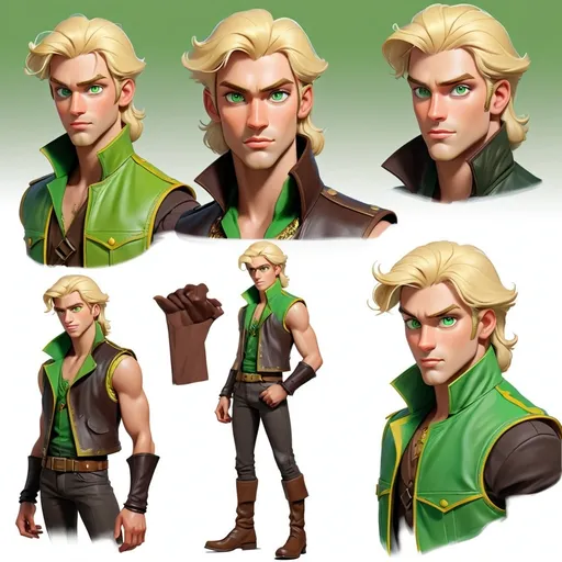 Prompt: Character design sheet man prince blonde hair, green eyes, chocolate leather vest with yellow and green accents