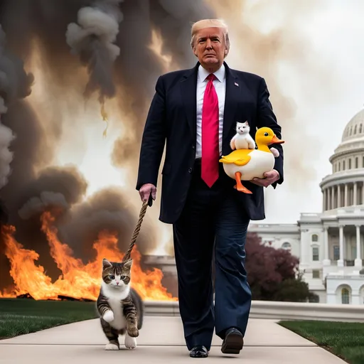 Prompt: Trump carrying a duck & a kitten from a burning U.S. Capitol building