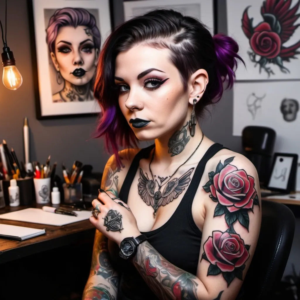 Prompt: A female tattoo artists picture for an online banner profile