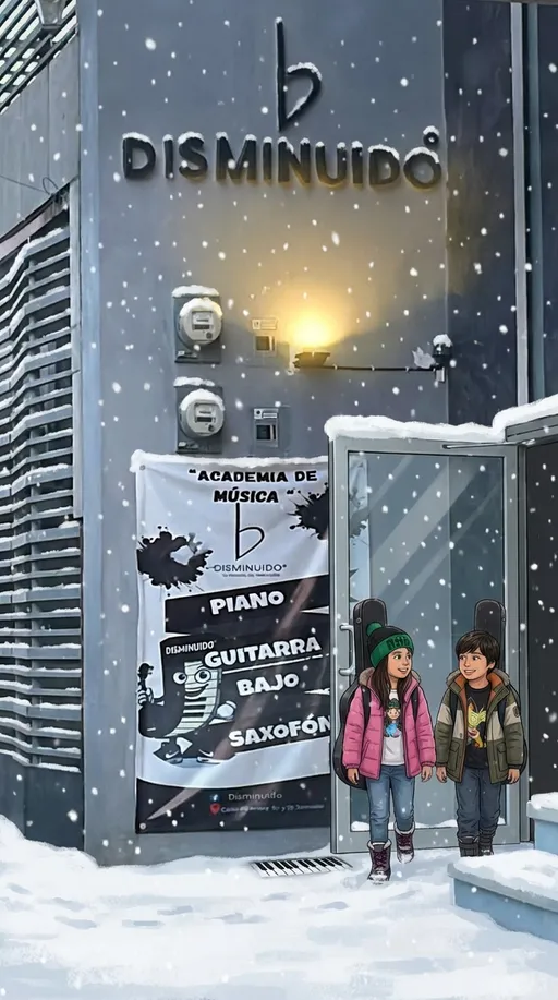 Prompt: Estos alumnos que están en la tercera imagen , en la puerta de las primeras imágenes pero que esté nevando afuera de ese local 

