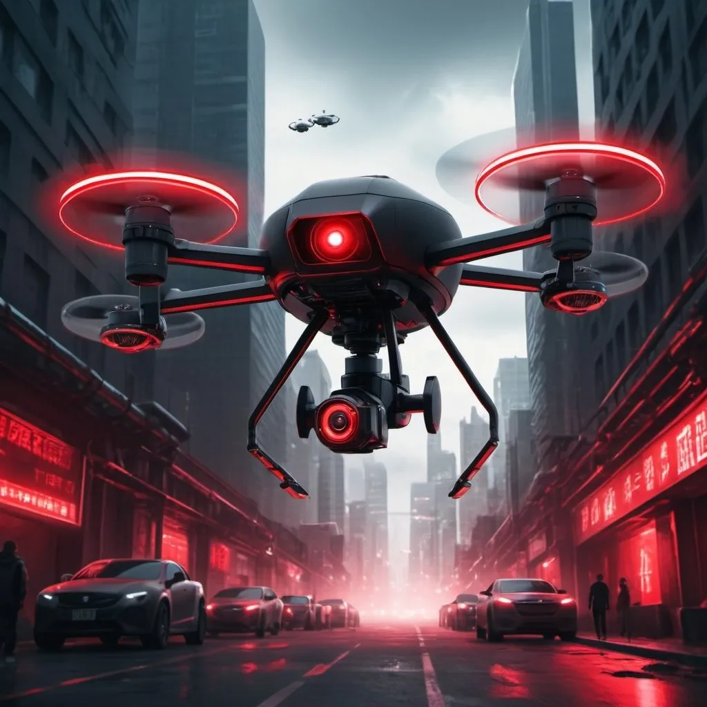 Prompt: Government surveillance drones with red eyes patrolling urban city streets, futuristic sci-fi style, ominous red lighting, high-tech metallic design, detailed cityscape below, dystopian atmosphere, best quality, highres, ultra-detailed, sci-fi, futuristic, surveillance drones, red lighting, urban city streets, metallic design, dystopian, detailed cityscape, ominous atmosphere