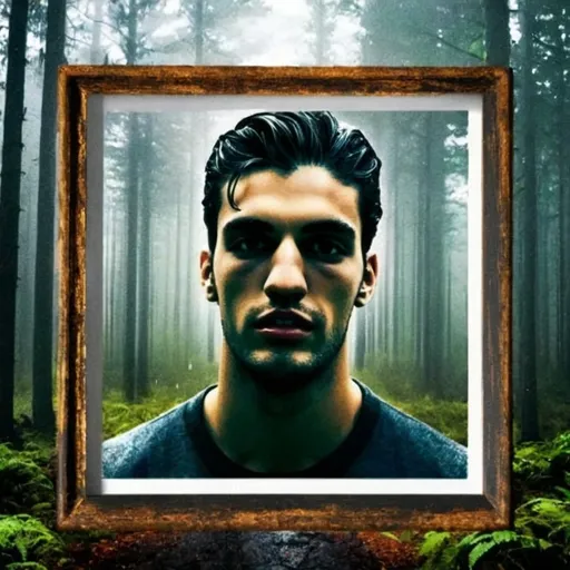 Prompt: Design this photo in a forest frame while it's raining.