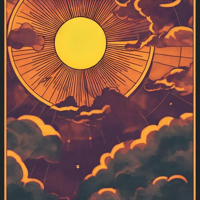 Prompt: Look like a tarot card with a sun tracing the sky from sunset to sunrise
