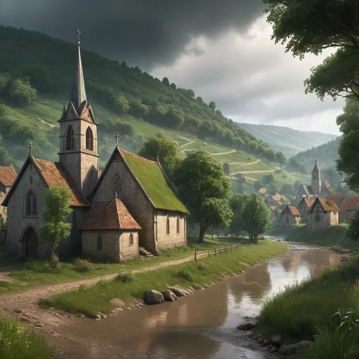 Prompt: medieval village, small church, river, rolling forested hills, rainy, muddy, highres, detailed, medieval, rainy atmosphere, immersive, historical, lush greenery, atmospheric lighting