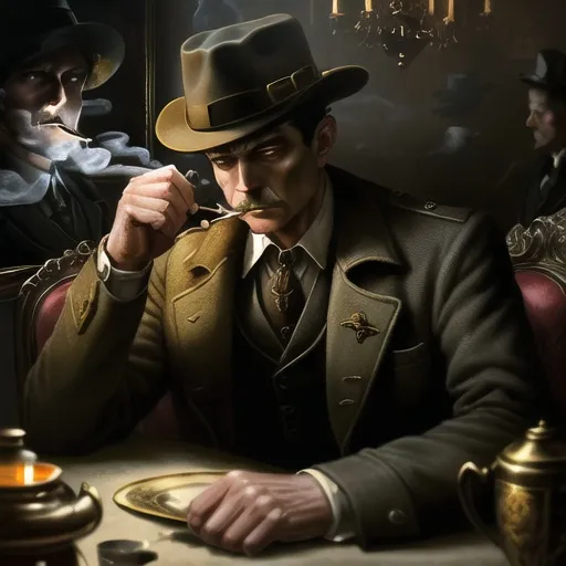 Prompt: Detective in a vintage oil painting, dimly lit, dramatic lighting, smoking, inspecting dead body, detailed facial features, classic detective hat and coat, antique mansion setting, atmospheric, high quality, oil painting, vintage, dramatic lighting, detailed facial features, classic detective, antique mansion, smoking, dead body, investigation, suspenseful ambiance