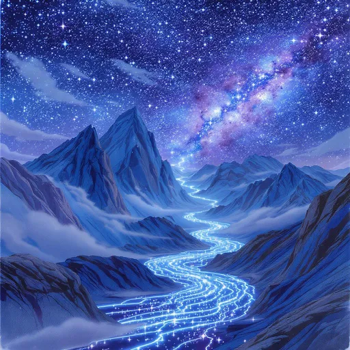 Prompt: Visualize a breathtaking scene where a shimmering river of stars weaves its way through towering mountains, their jagged peaks silhouetted against the deep indigo sky. The night is alive with a tapestry of distant galaxies swirling in vibrant hues of violet and azure, casting a soft, ethereal glow on the rocky landscape. The air is crisp and still, amplifying the serene beauty of this cosmic spectacle. Wisps of clouds drift lazily, illuminated by the celestial light, while the gentle sound of distant winds whispers through the valleys. The scene is captured in a dreamy watercolor illustration, blending the natural contours of the mountains with the vivid nebulae of the galaxy, inviting viewers to lose themselves in this tranquil yet awe-inspiring moment.