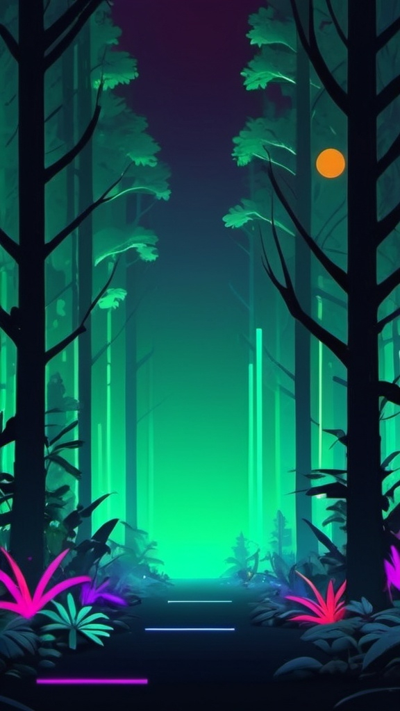 Prompt: vector art background, tech forest, neon shades, avatar theme, minimal with very less details