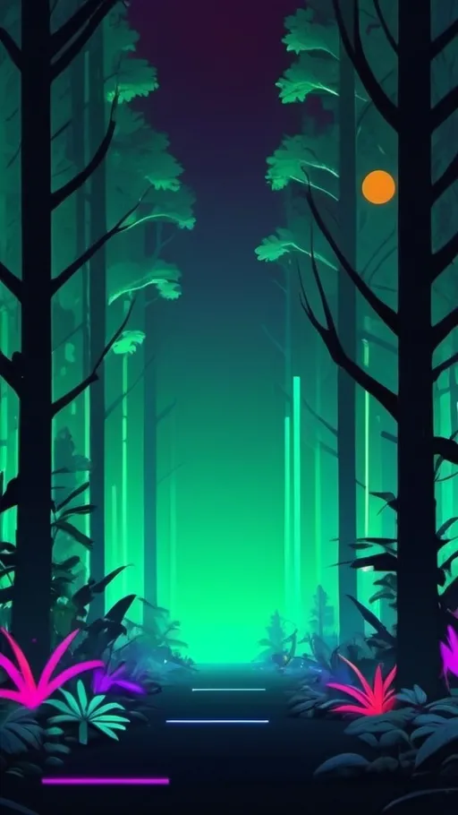 Prompt: vector art background, tech forest, neon shades, avatar theme, minimal with very less details