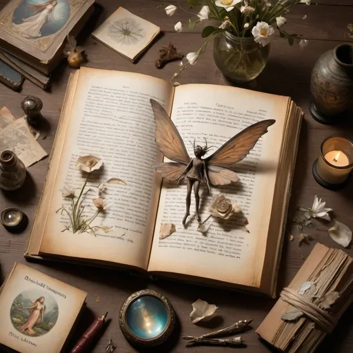 Prompt: a tattered old book about dream philosophy is open on a table with other items around it and a vase, Art & Language, arts and crafts movement, photorealistic imagery, a storybook illustration. Fairies flying around