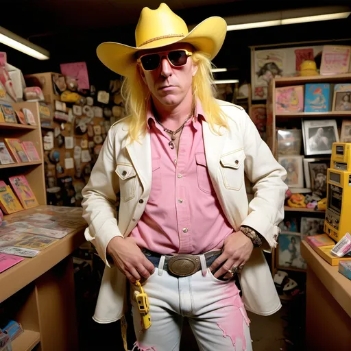 Prompt: Maynard james keenan, Oversized rubber form yellow cowboy hat, Pink plastic toys R US plastic pistols in holster, off white dashiki shirt, tattered bell bottom jeans, leather feet, Raleigh cigarette finger stains, Walkman