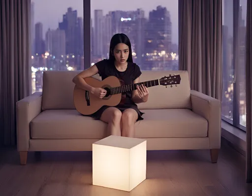 Prompt: @EBd1DH3ZDH5Y3iWSD8Z3 s 1.64 tall. She lives in a very modern and minimalist apartment on the 20th floor of a building in the heart of Seoul city. She plays acoustic guitar, sitting on a low sofa. She is illuminated by a cube lamp of 60 cm side, placed on the ground in front of her. Buildings and city lights through the large windows. It is dark night.The camera is 20 cm from the ground, and the image is at low angle. The focal length is 24 mm. The style is hyper realistic, and very cinematic. The rendering is argentic.