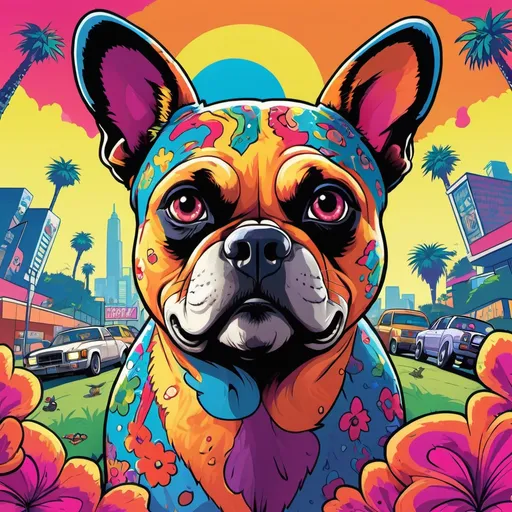 Prompt: GTA V cover art, 
Create a vibrant, colorful animal illustration with exaggerated and cartoonish features. Each animal should have large, expressive eyes and an abstract pattern in its fur and body. Use bold and contrasting colors throughout the design, incorporating a dripping paint effect at the edges of the animals to enhance the psychedelic, artistic style. The background should feature soft, artistic gradients, blending smoothly to complement the vivid foreground. Ensure that the animals or their faces do not extend beyond the boundaries of the frame, and include a clear, white outline around each animal's face to give the appearance of a sticker, cartoon illustration