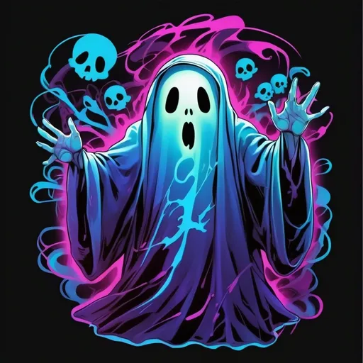 Prompt: Anime ghost illustration,neon vector drawing on t-shirt, no background, edges of image should not go beyond, sticker