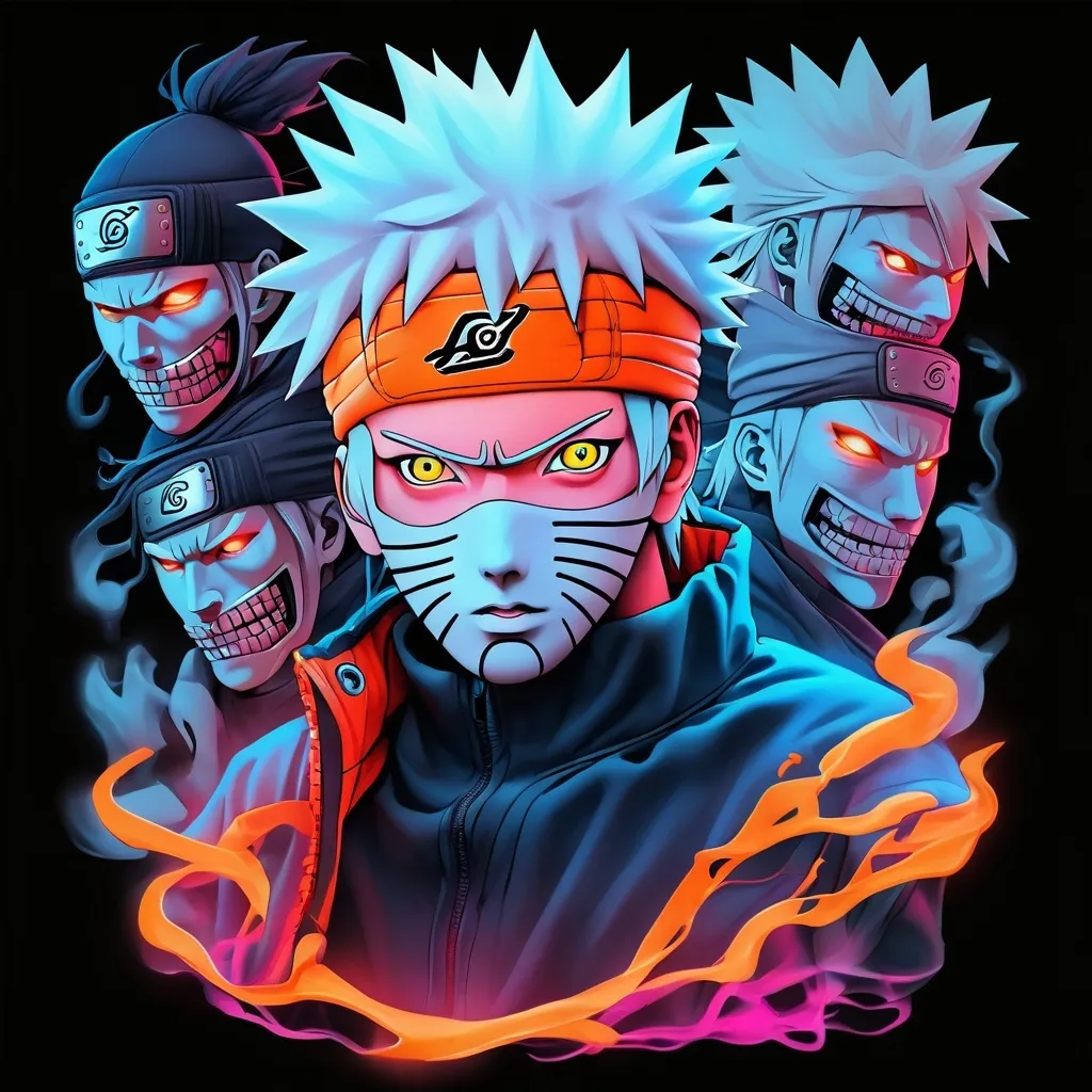 Prompt: Naruto ghost illustration,neon vector drawing on t-shirt, no background, edges of image should not go beyond, sticker