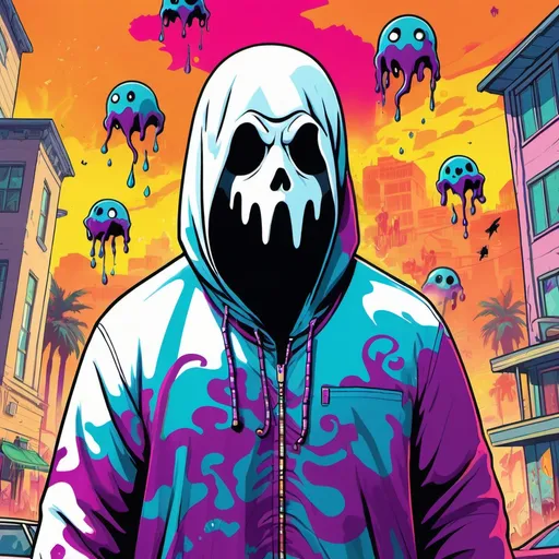 Prompt: GTA V cover art, Create a vibrant, colorful ghosts  illustration with exaggerated and cartoonish features. Each ghost should have large, expressive eyes and an abstract pattern in its fur and body. Use bold and contrasting colors throughout the design, incorporating a dripping paint effect at the edges of the ghost to enhance the psychedelic, artistic style. The background should feature soft, artistic gradients, blending smoothly to complement the vivid foreground. Ensure that the ghosts or their faces do not extend beyond the boundaries of the frame, and include a clear, white outline around each animal's face to give the appearance of a sticker, cartoon illustration