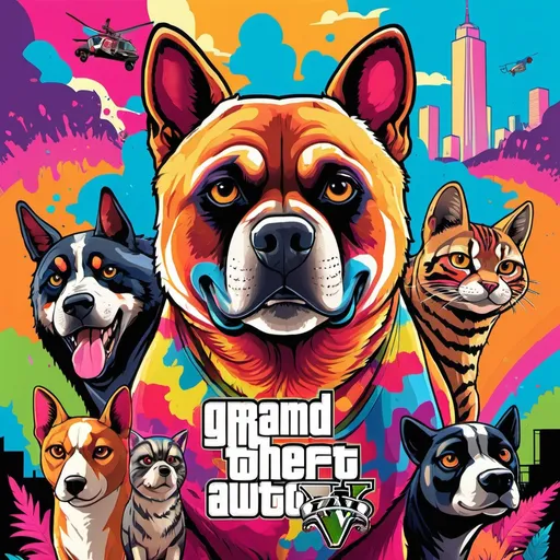 Prompt: GTA V cover art Create a vibrant, colorful animal illustration with exaggerated and cartoonish features. Each animal should have large, expressive eyes and an abstract pattern in its fur and body. Use bold and contrasting colors throughout the design, incorporating a dripping paint effect at the edges of the animals to enhance the psychedelic, artistic style. The background should feature soft, artistic gradients, blending smoothly to complement the vivid foreground. Ensure that the animals or their faces do not extend beyond the boundaries of the frame, and include a clear, white outline around each animal's face to give the appearance of a sticker