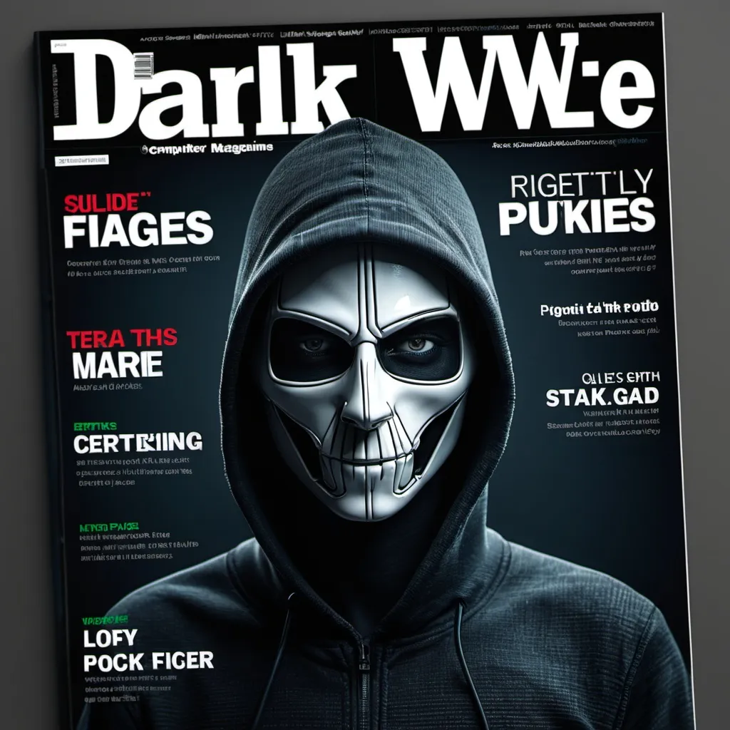 Prompt: A computer magazine on the dark web. Add content that blends in with the images. 