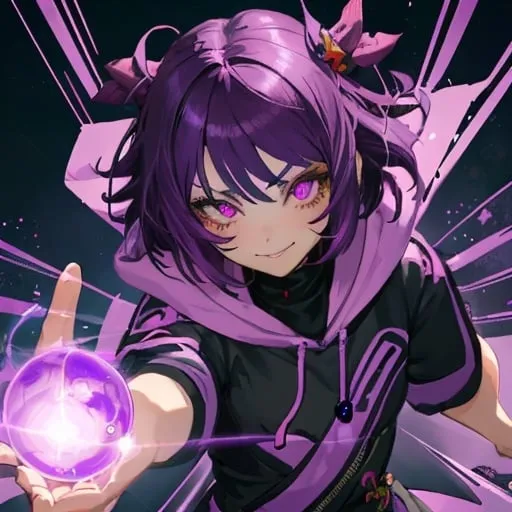 Prompt: girl with purple short wavy hair and dark pink hooded eyes in genshin impact art style. she is holding a purple ball of energy and looking up with a smirk.