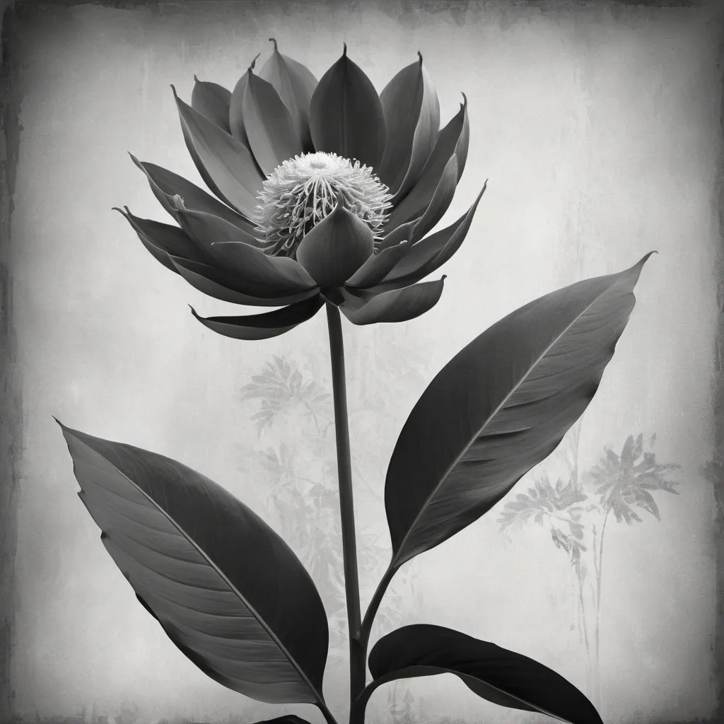 Prompt: A long stem exotic flower in grey scale with a textured background with a large bloom at the top of the image and large textured leaves along the stem.