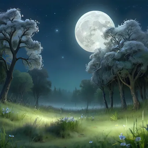 Prompt: A panoramic view of the peaceful, moonlit meadow with gently glowing flowers and sparkling grass. The surrounding tall, whispering trees frame the scene.