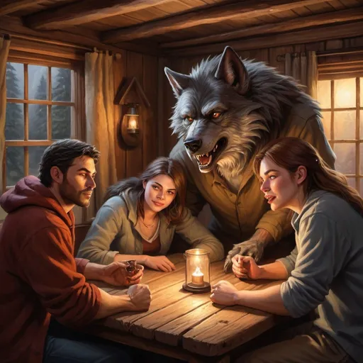 Prompt: Relaxed, ten people playing werewolf, warm and cozy tones, detailed facial expressions, cozy cabin setting, soft and natural lighting, high quality, oil painting, cozy, werewolf, detailed expressions, relaxed atmosphere, warm tones, natural lighting