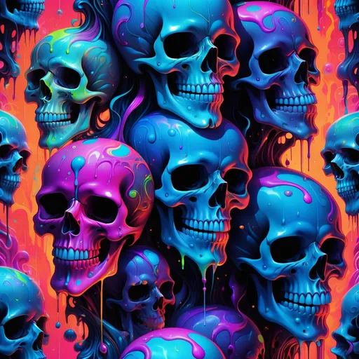 Prompt: Skulls forming an (endless psychedelic pattern), melting into each other, dripping ,vibrant colors, (neon cyberpunk elements), surreal hallucinations, (trippy) designs, mesmerizing swirls and intricate shapes, high contrast, luminous tones, ultra-detailed, visually striking, a dynamic pattern that evokes a sense of wonder and disorientation, high-quality, immersive environment, captivating and intriguing atmosphere.