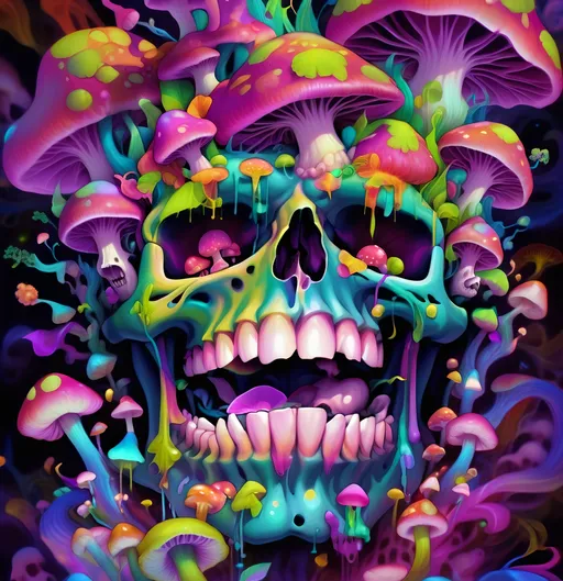 Prompt: (poster art) a skull adorned with vibrant mushrooms cascading from its crown, a delicate flower blooming in the center of its mouth, (psychedelic) intertwining patterns and colors, vivid greens, purples, and pinks, surreal and mesmerizing details, (Android Jones inspired) captivating textures, high contrast, (ultra-detailed) intricate design elements, dreamlike atmosphere with swirling shapes and illumination.