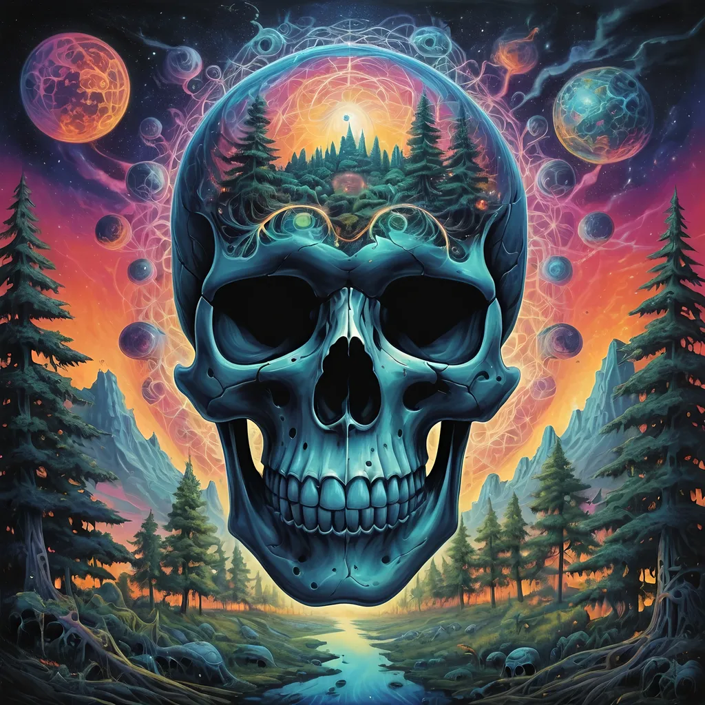 Prompt: psychedelic print skull, serene glowing  forest full of life, sacred geometry, psilocibin, connected to the universe,  urban city-scape melting in the distance, death and destruction, chaos, fearful of modern world, one with self in nature, concert poster, trick of the eye painting