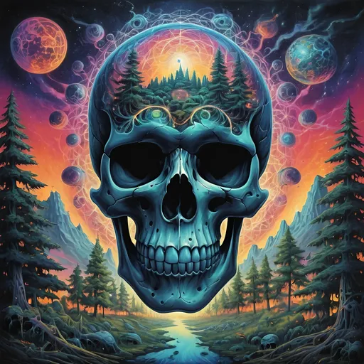 Prompt: psychedelic print skull, serene glowing  forest full of life, sacred geometry, psilocibin, connected to the universe,  urban city-scape melting in the distance, death and destruction, chaos, fearful of modern world, one with self in nature, concert poster, trick of the eye painting