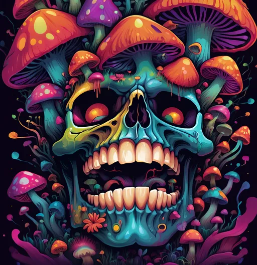 Prompt: (illustration) album cover featuring a detailed skull, vibrant mushrooms emerging across its face, bold colors, dynamic shapes, psychedelic theme, inspired by underground comix art style, 4K ultra-detailed graphics, striking contrast, chaotic yet harmonious, eye-catching composition, modern artistic flair, rich textures, conveying a sense of rebellion and creativity.