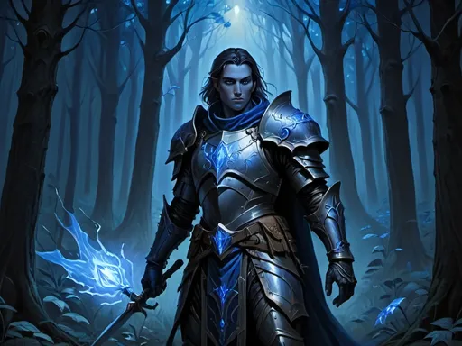 Prompt: Human paladin in a forest shrouded in blue light