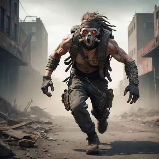 Prompt: postapocalyptic mutant raider running towards the viewer