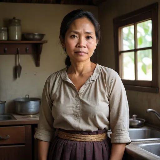 Prompt: Create a portrait of Ineng, a 48-year-old Filipino mother with a look of quiet determination and resilience. She has a warm, compassionate face, reflecting her loving nature and the hardships she has faced. Ineng's hair is neatly tied back, and she is wearing a simple, worn-out blouse and a skirt that speaks of a rural lifestyle. Her eyes should convey both strength and a deep, nurturing spirit. The setting is a modest rural kitchen, where she stands holding a flashlight, her expression a mix of worry and hope as she searches for her mother's lost doll.