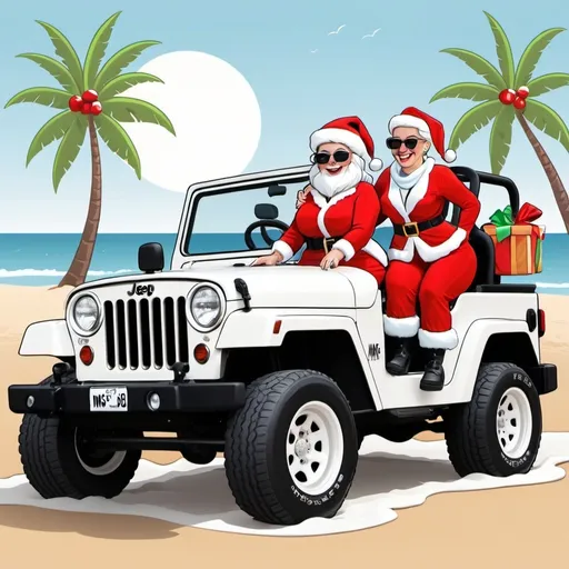 Prompt: Santa and Mrs. Claud in a white Jeep on the beach cartoon style