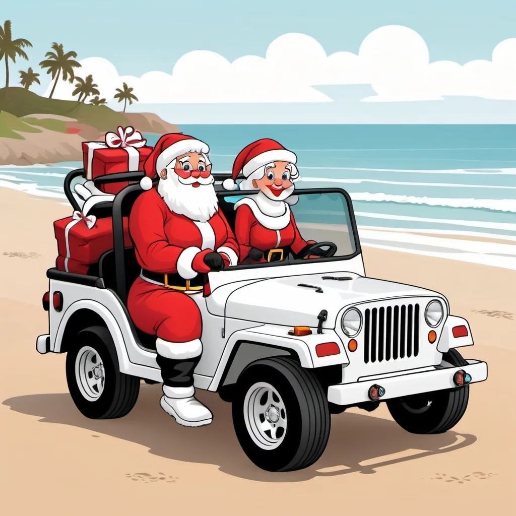 Prompt: Santa and Mrs Claus in a white Jeep on the beach cartoon style