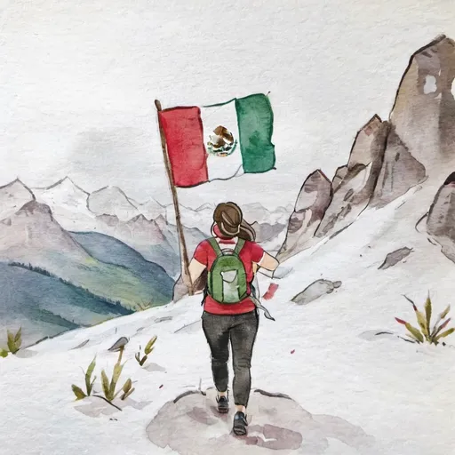 Prompt: Woman with mexican flag on a  hike in the alps
