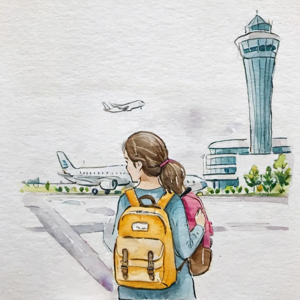 Prompt: woman     with backpack in front of airport
