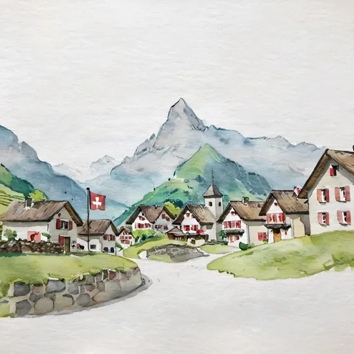 Prompt: mountain village with swiss Flag on a pole in the middle of the village