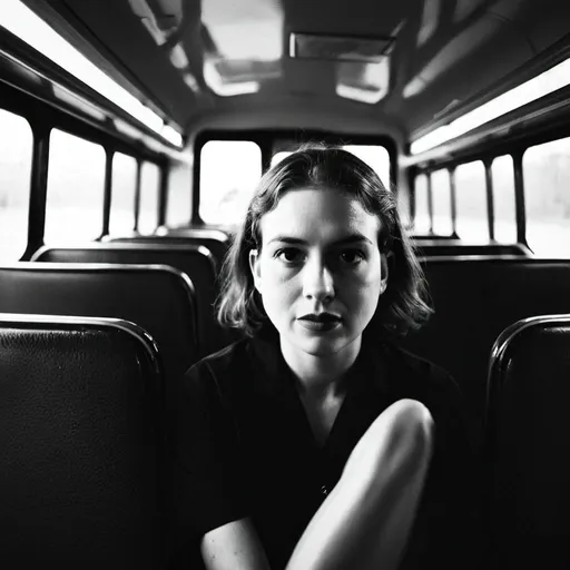 Prompt: Photo of woman sitting on a bus, dramatic in the style of Dirk Braeckman, B&W